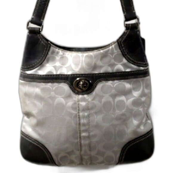 Coach Signature Grey Canvas Shoulder Bag - Black Leather Trim & Turnlock 11"x11"